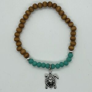 Wooden and Turquoise Beaded Bracelet with Silver Turtle Charm